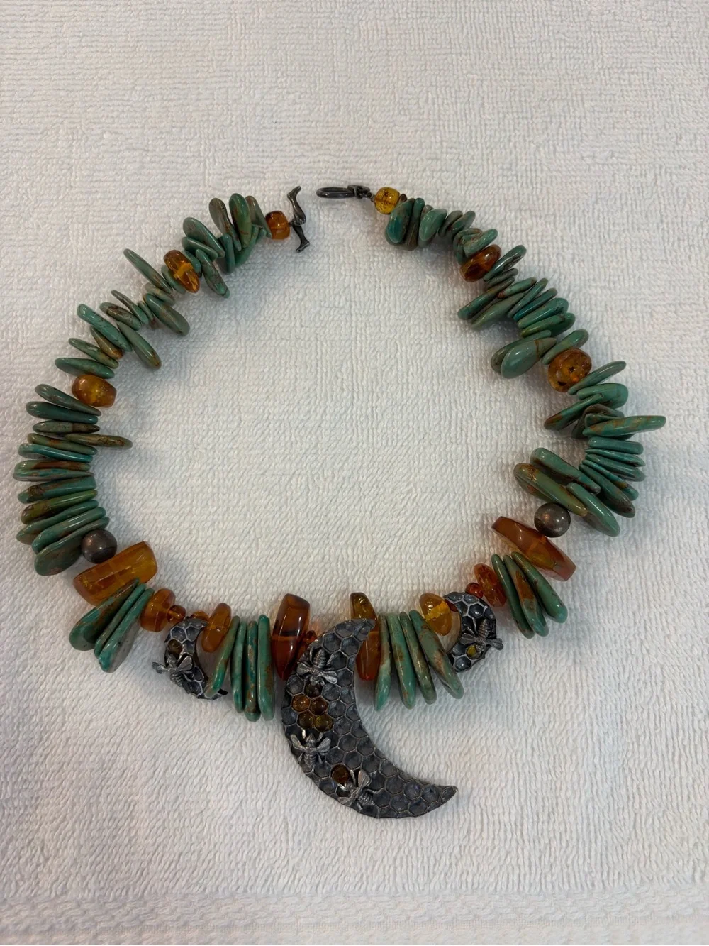 Turquoise and Amber Beaded Crescent Pendant Necklace